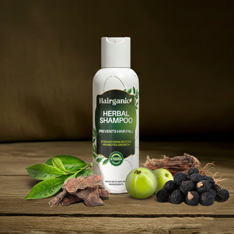 Herbal shampoo bottle with Amla, Reetha and Shikakai — Hairganic Pakistan hair fall shampoo