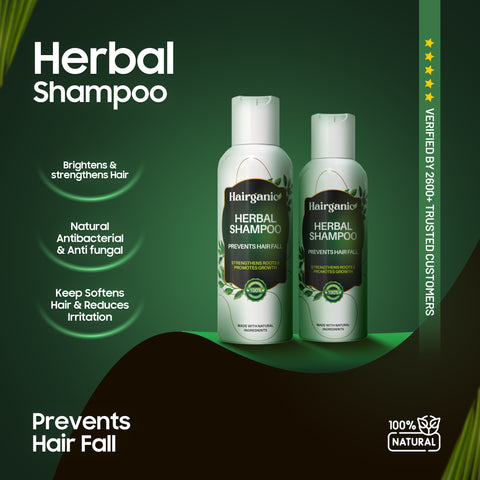 Hairganic herbal shampoo key ingredients — Amla, Reetha, Shikakai, Balchar, Tea Tree Oil