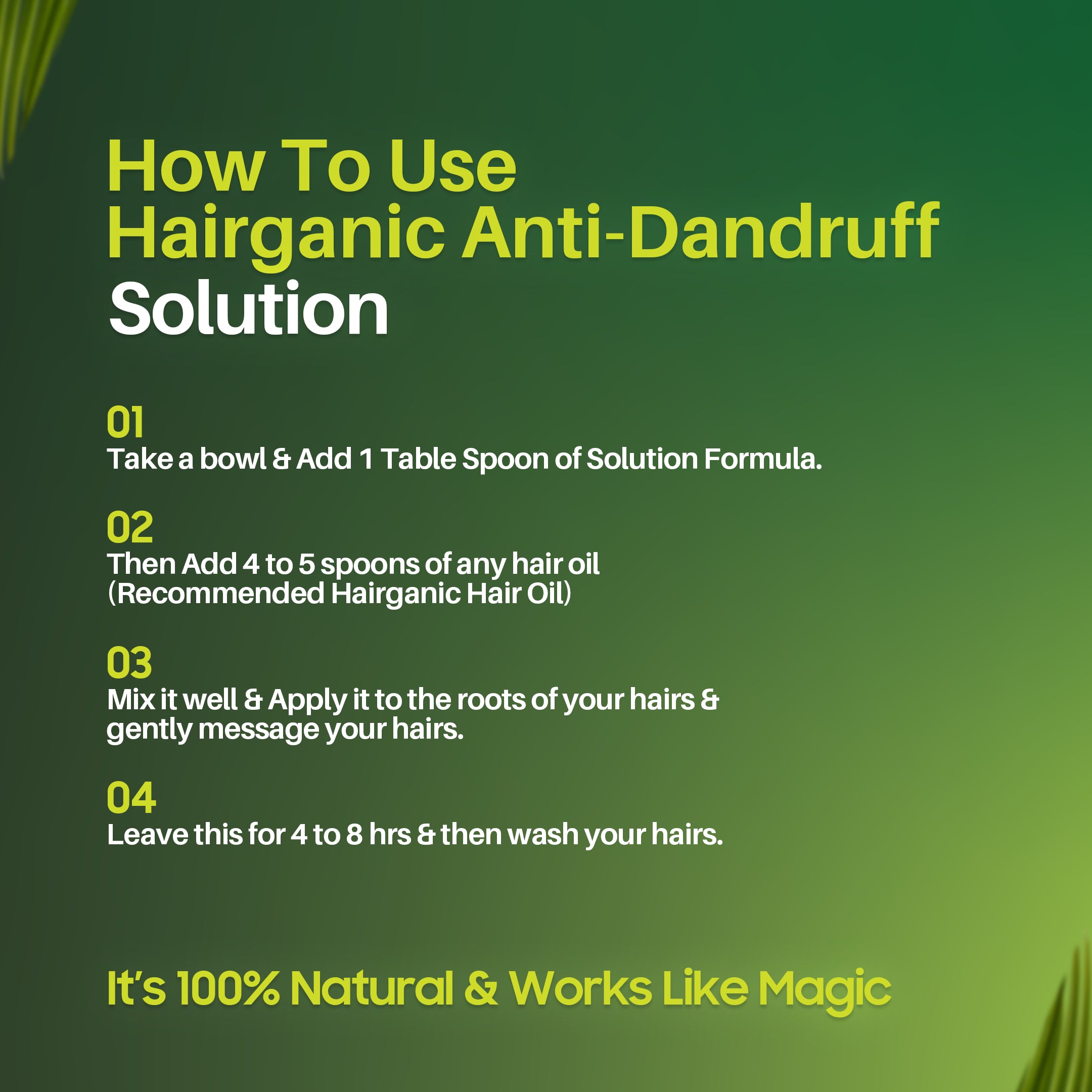 Hairganic anti-dandruff solution ingredients — organic, free from harsh chemicals, soothing formula