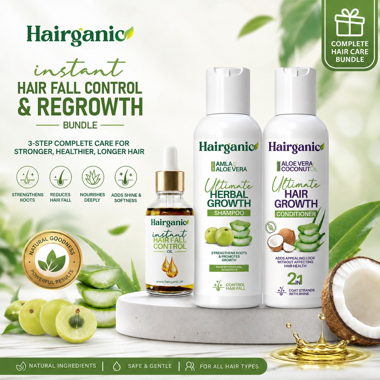Hairganic - Instant Hair Fall Control & Regrowth Bundle - PCSIR Lab Tested, Herbal Growth Shampoo, Herbal Hair Growth Conditioner, Instant Hairfall Control Oil
