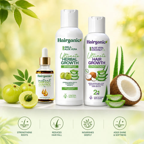 Hairganic - Instant Hair Fall Control & Regrowth Bundle - PCSIR Lab Tested, Herbal Growth Shampoo, Herbal Hair Growth Conditioner, Instant Hairfall Control Oil