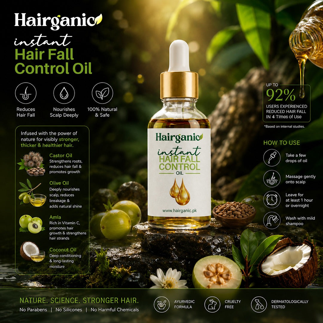 Hairganic 8-herb oil bundle with free shampoo and conditioner — instant hair fall control Pakistan