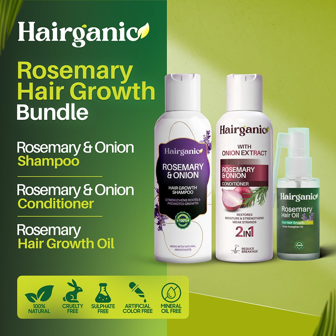 Hairganic Rosemary Onion Hair Fall Control and Regrowth System — Sulfate Free, PCSIR Tested with Rosemary and Onion Shampoo sulfate free, Rosemary and Onion Conditioner sulphate free, and rosemary oil for hair growth