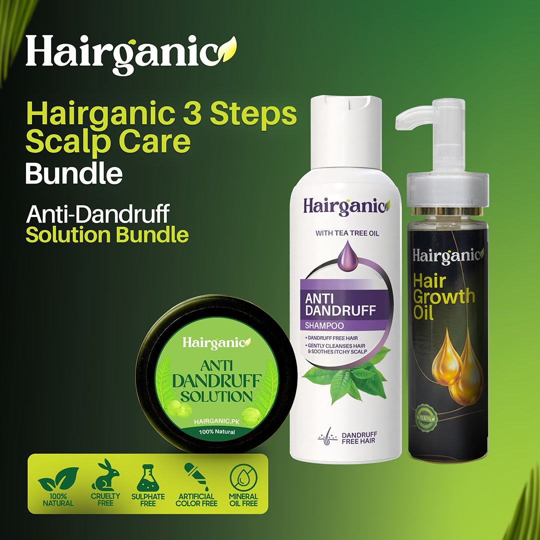 Hairganic scalp care bundle with herbal shampoo, oil, and anti dandruff solution