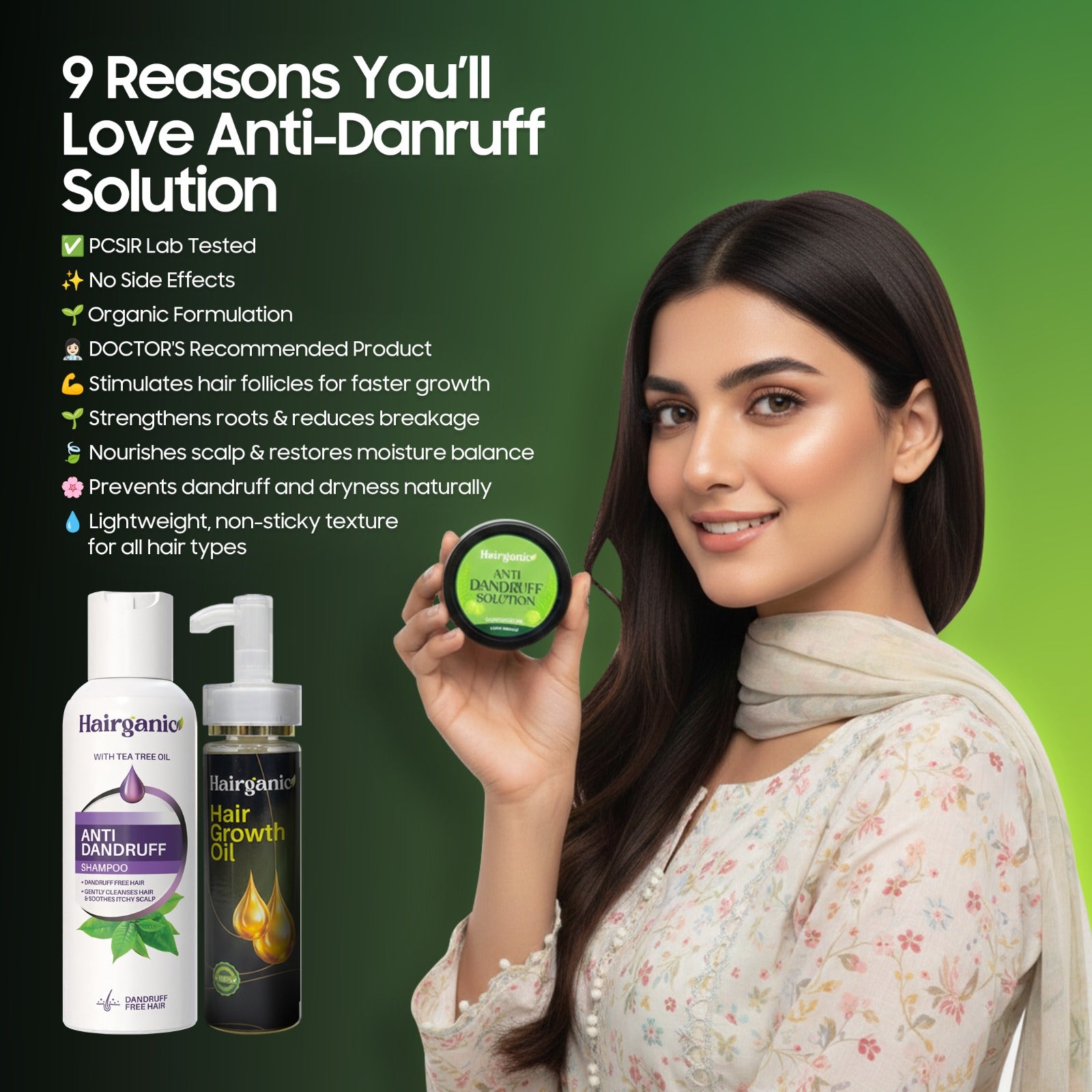 Woman holding a herbal anti-dandruff solution with organic anti dandruff shampoo and hair growth oil bottles
