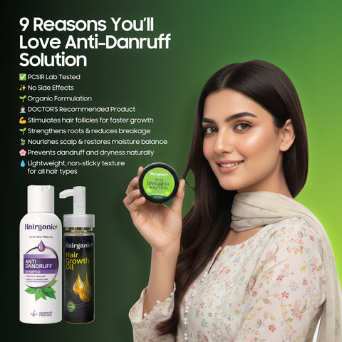 Woman holding a herbal anti-dandruff solution with organic anti dandruff shampoo and hair growth oil bottles