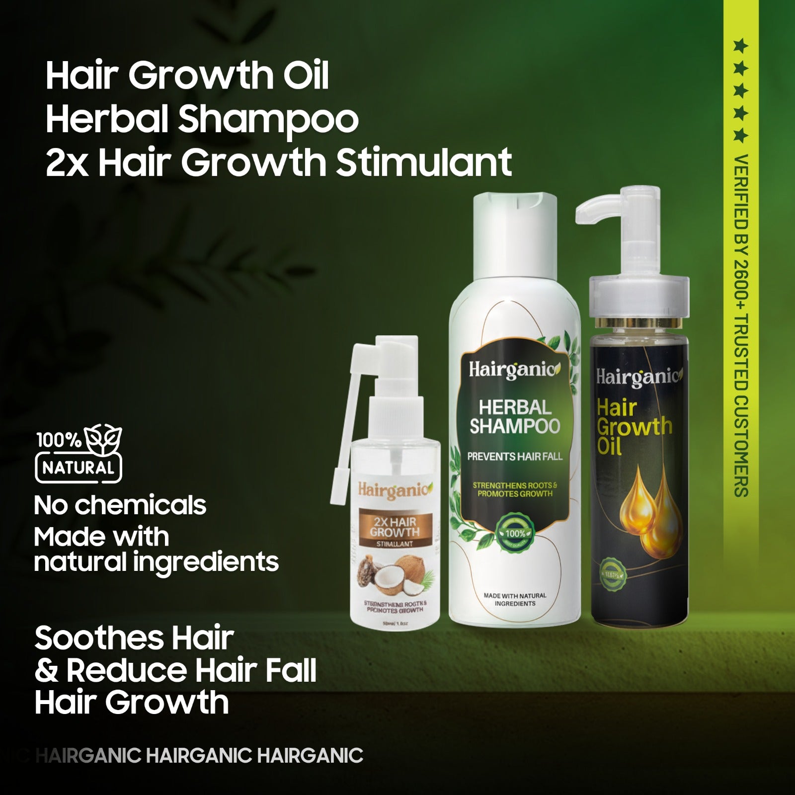 3-step hair regrowth bundle by Hairganic — nourishment basics routine, herbal formula Pakistan with 3x hair growth stimulant hair serum, herbal shampoo sulfate free, and herbal hair oil for anti hairfall